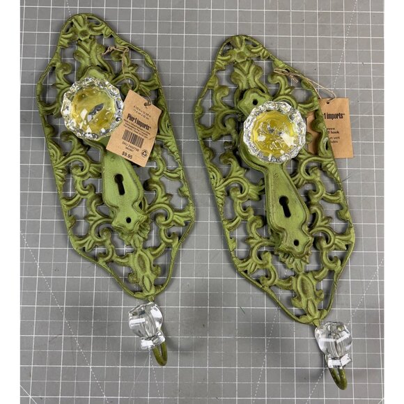 Pair Green Shabby Chic Scroll Metal Wall Hooks Acrylic Knobs By Pier 1 Imports - Picture 1 of 7